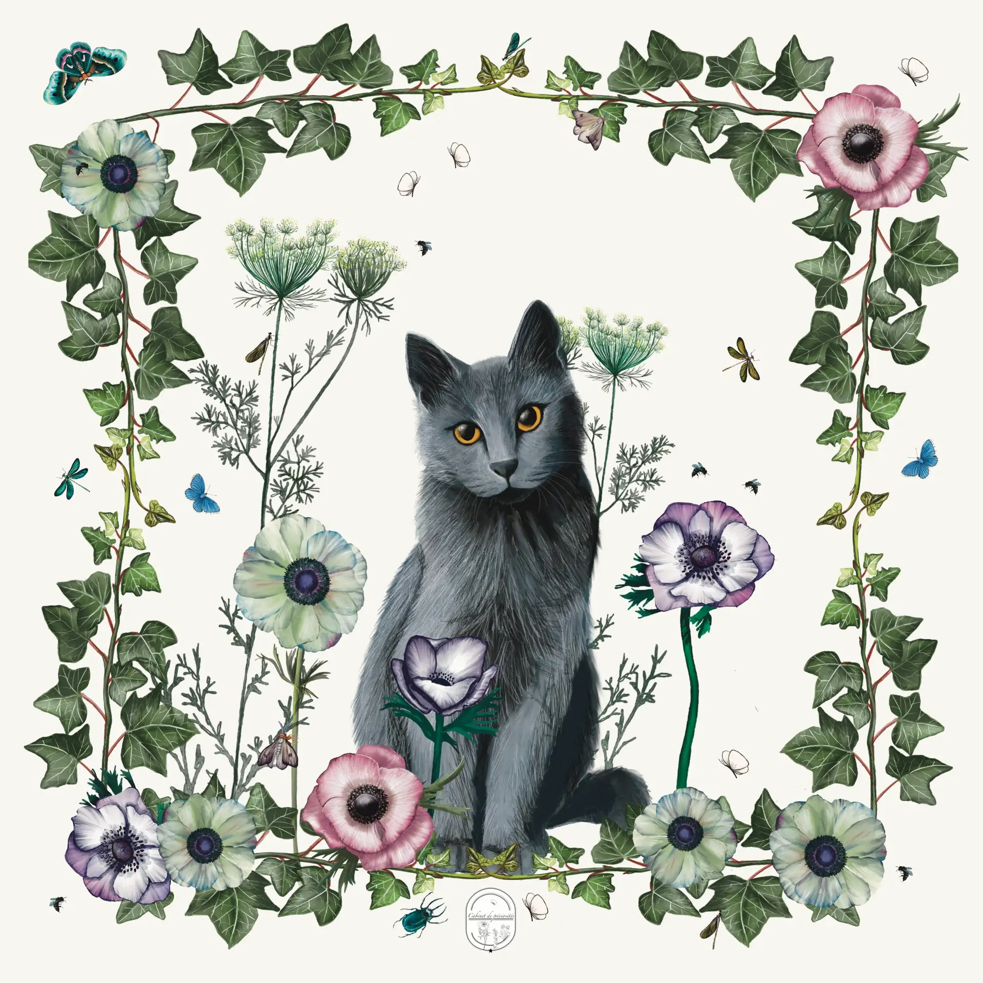 Jouer au Chat et à la souris Petit Foulard 65 Soie Blanc cassé Chat