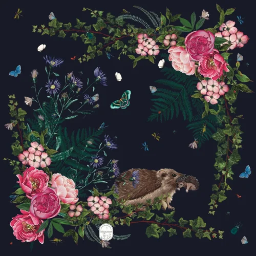 Petit foulard Hérisson et Choupisson 65 Soie Bleu nuit