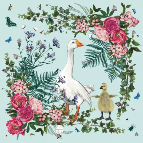 Petit foulard Oie et oison 65 Soie Bleu tendre