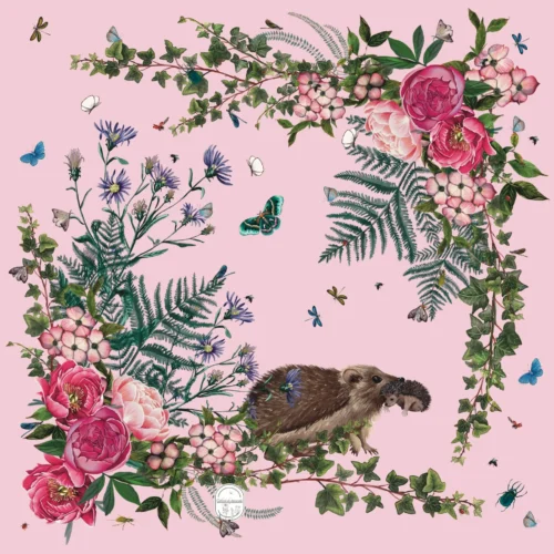 Petit foulard Hérisson et Choupisson 65 Soie Rose tendre