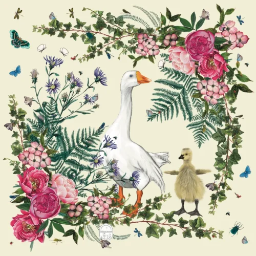 Petit foulard Oie et oison 65 Coton Jaune pâle