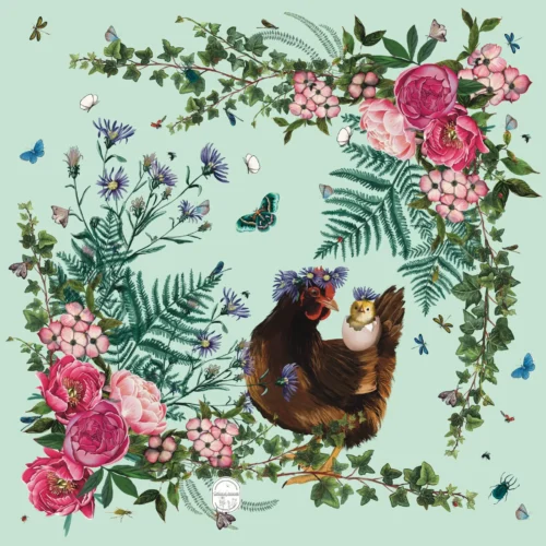 Petit foulard Poule et poussin 65 Coton Vert Amande