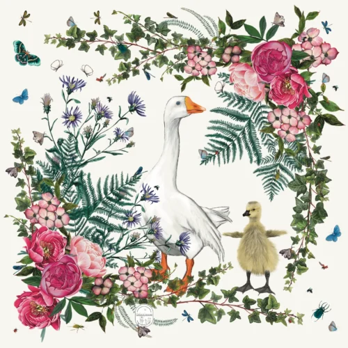 Petit foulard Oie et oison 65 Soie Blanc cassé