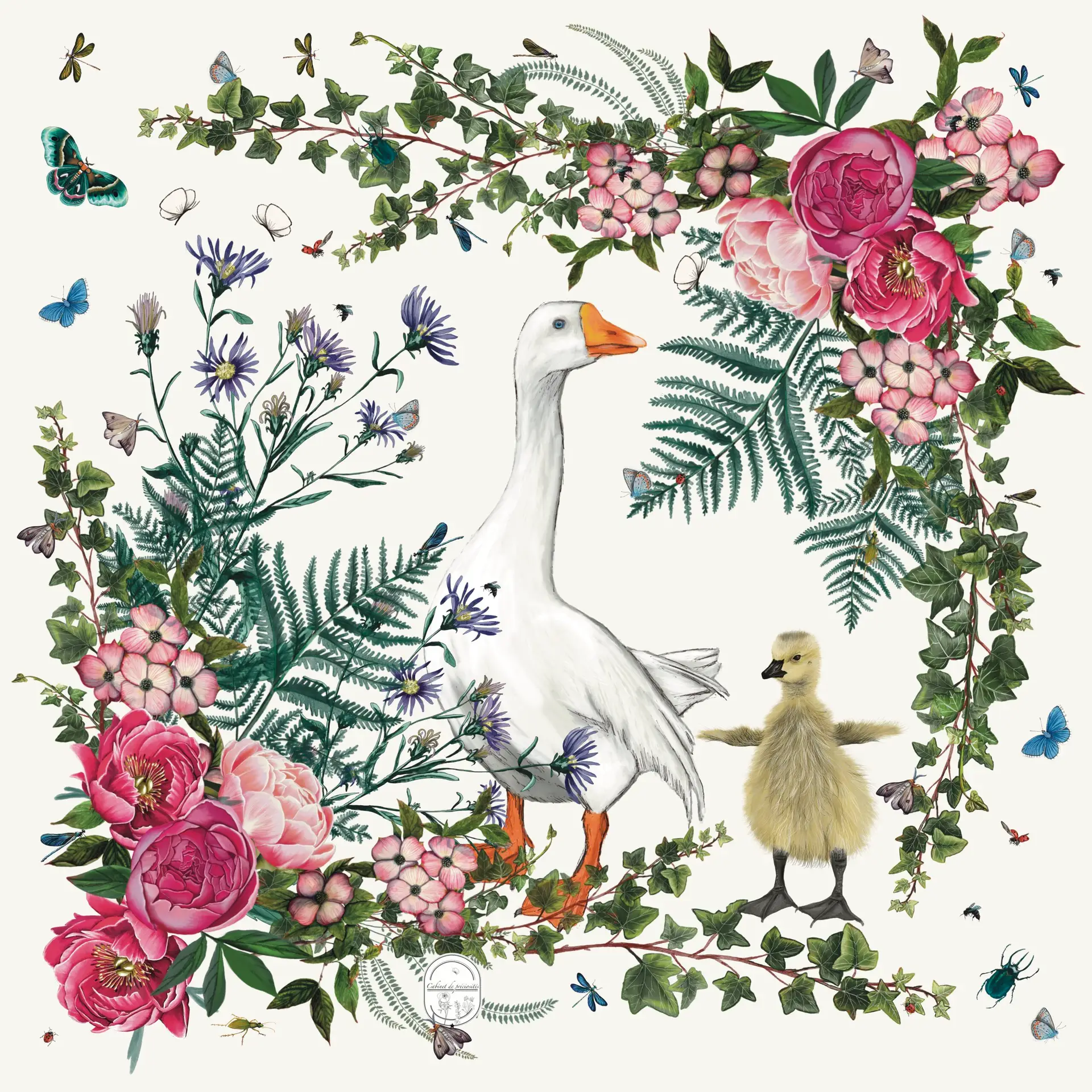 Petit foulard Oie et oison 65 Soie Blanc cassé