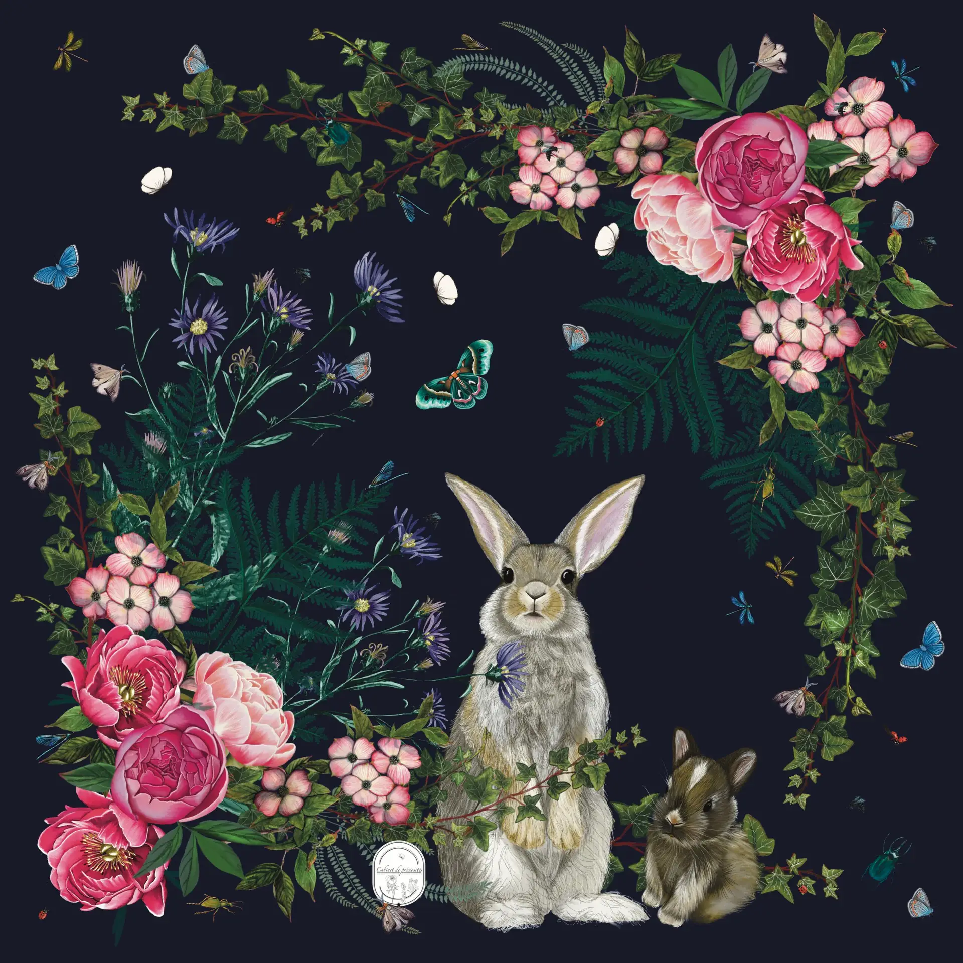 Petit foulard Lapin et Lapereau 65 Coton Bleu nuit