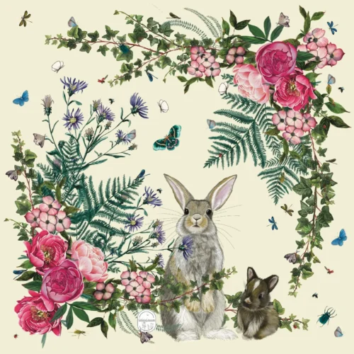 Petit foulard Lapine et Lapereau 65 Soie Jaune pâle