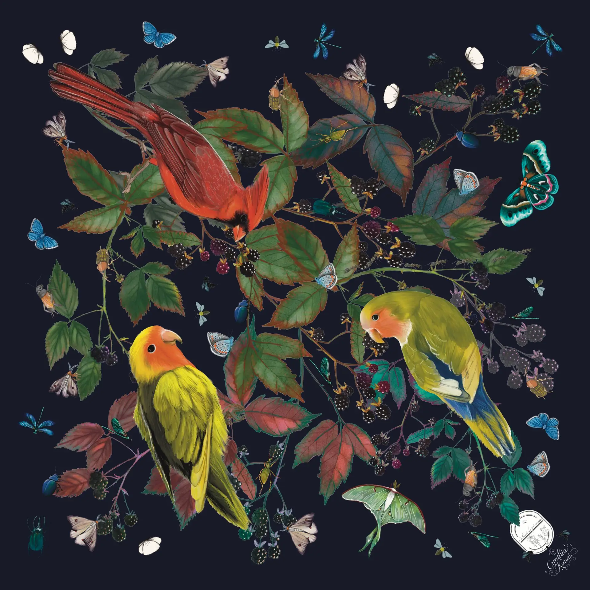 Promenade en Forêt Mini Foulard 42 Soie Bleu nuit