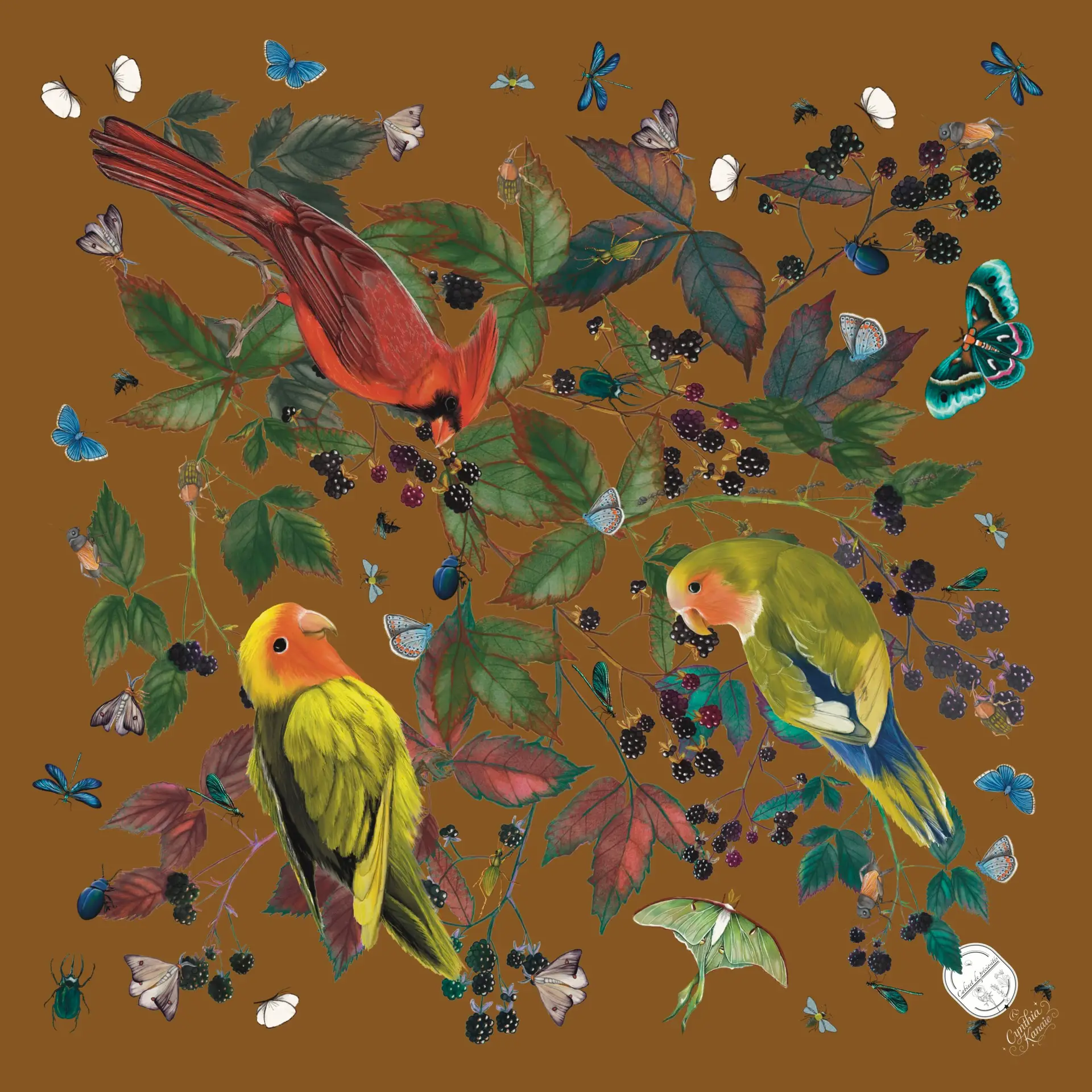 Promenade en Forêt Mini Foulard 42 Soie Camel